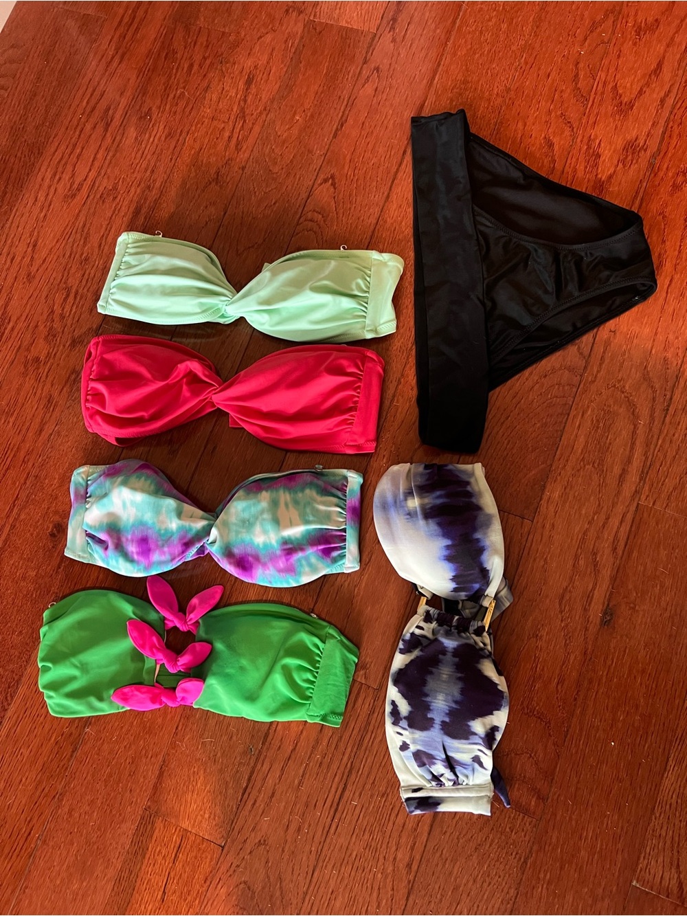 Lot of Bandeau Bikini Tops & Black Bottom - Mint, red, 2 Tie-Dye, Green w/ pink